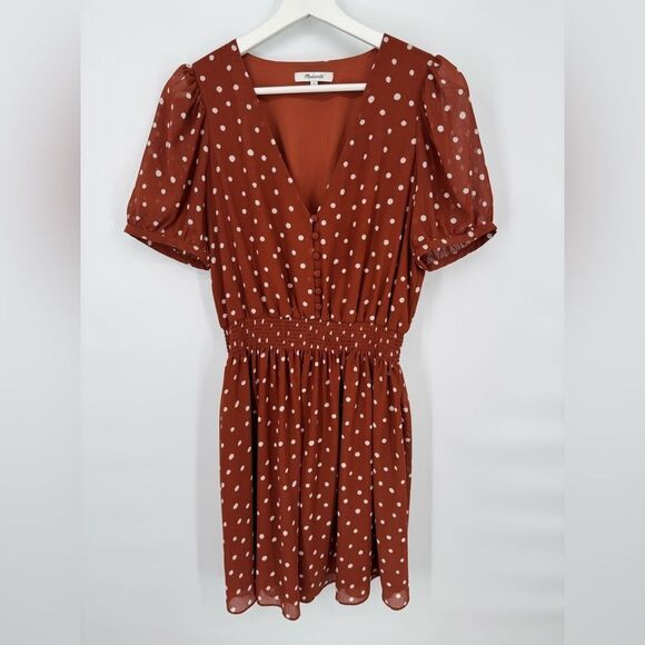MADEWELL Smocked-Waist Mini Dress in Inkspot Dots Rust Brown Size Small - Picture 4 of 11